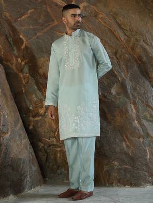 Cotton silk embroidered yoke design sea green kurta with trouser pant 1
