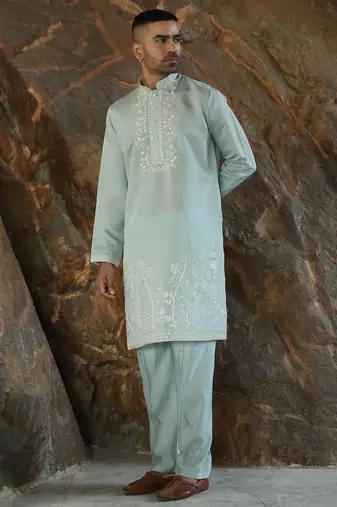 Cotton silk embroidered yoke design sea green kurta with trouser pant