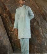 Cotton silk embroidered yoke design sea green kurta with trouser pant