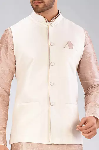 Cream dupon art silk kurta, jacket with matching churidar