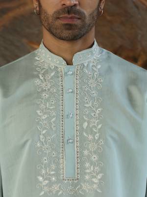 Cotton silk embroidered yoke design sea green kurta with trouser pant 2
