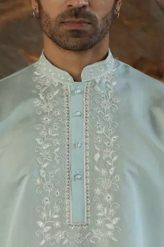 Cotton silk embroidered yoke design sea green kurta with trouser pant