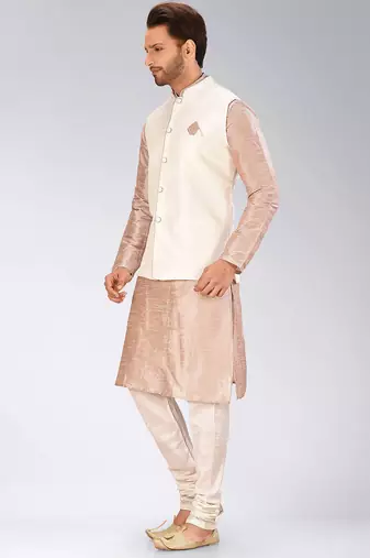 Cream dupon art silk kurta, jacket with matching churidar