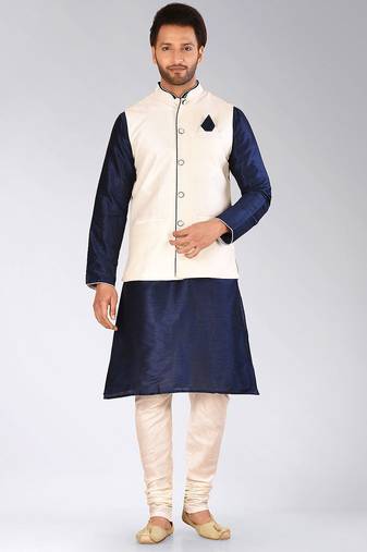 Cream dupon art silk kurta, jacket with matching churidar