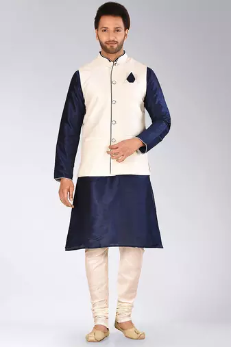 Cream dupon art silk kurta, jacket with matching churidar