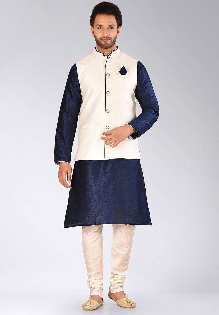 Cream dupon art silk kurta, jacket with matching churidar
