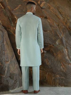 Cotton silk embroidered yoke design sea green kurta with trouser pant 3