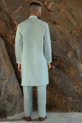 Cotton silk embroidered yoke design sea green kurta with trouser pant