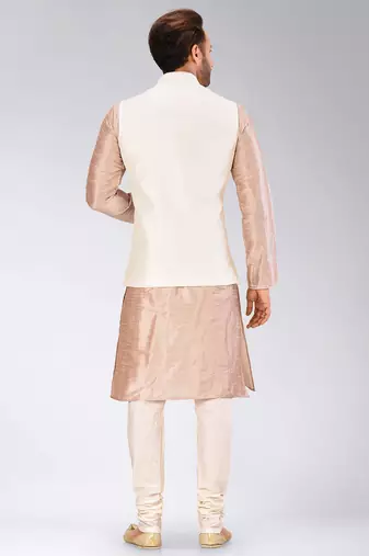 Cream dupon art silk kurta, jacket with matching churidar