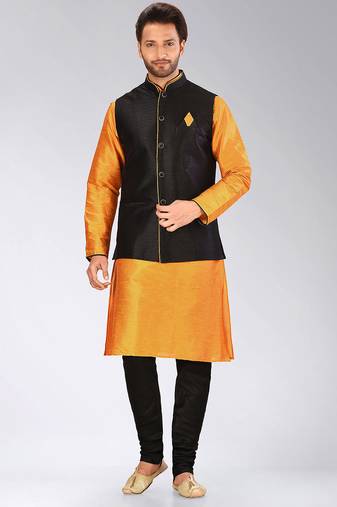 Black dupon art silk kurta, jacket with matching churidar