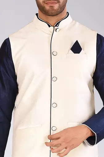 Cream dupon art silk kurta, jacket with matching churidar