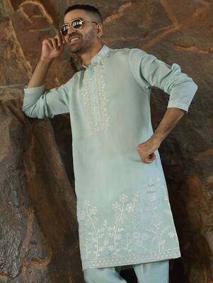Cotton silk embroidered yoke design sea green kurta with trouser pant 4