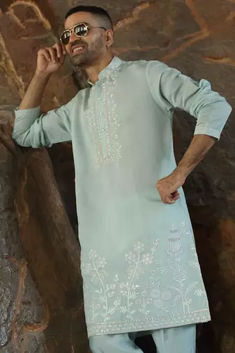 Cotton silk embroidered yoke design sea green kurta with trouser pant