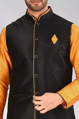 Black dupon art silk kurta, jacket with matching churidar