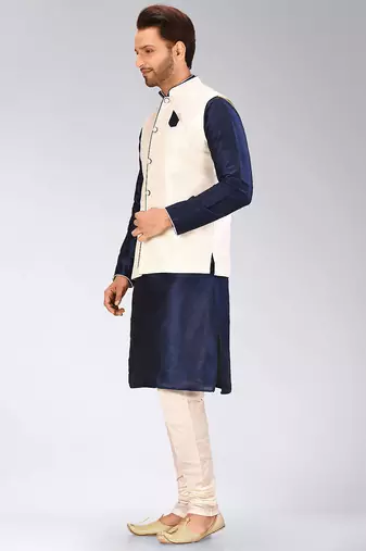 Cream dupon art silk kurta, jacket with matching churidar