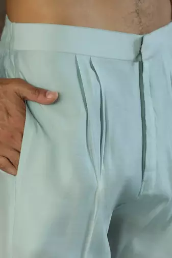 Cotton silk embroidered yoke design sea green kurta with trouser pant