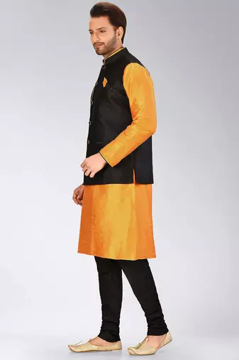 Black dupon art silk kurta, jacket with matching churidar