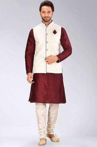 Cream dupon art silk kurta, jacket with matching churidar