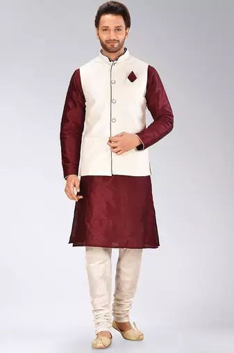 Cream dupon art silk kurta, jacket with matching churidar