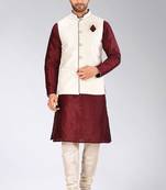 Cream dupon art silk kurta, jacket with matching churidar