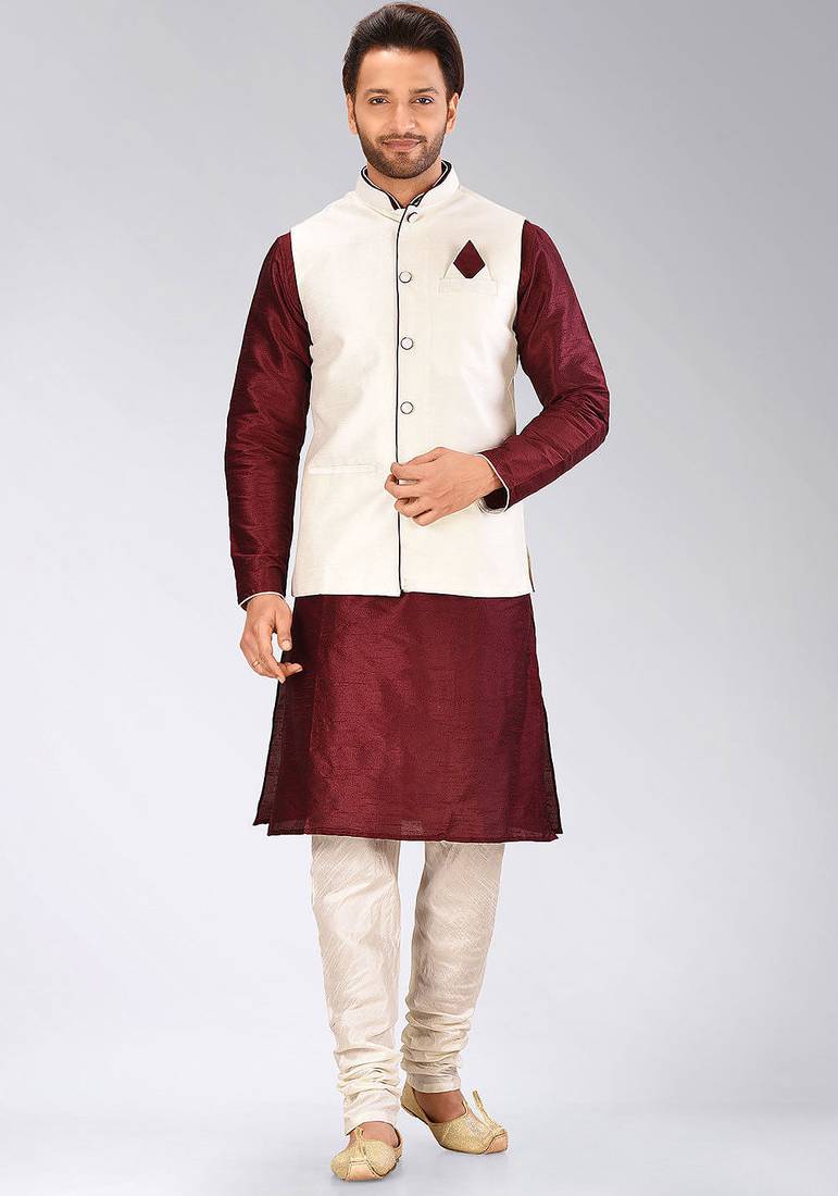 Cream dupon art silk kurta, jacket with matching churidar