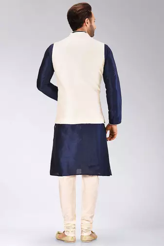 Cream dupon art silk kurta, jacket with matching churidar