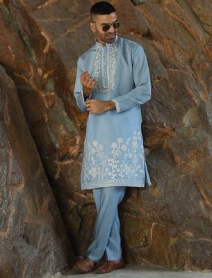Cotton silk embroidered yoke design sky blue kurta with trouser pant 1