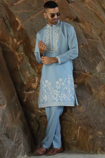 Cotton silk embroidered yoke design sky blue kurta with trouser pant