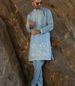 Cotton silk embroidered yoke design sky blue kurta with trouser pant