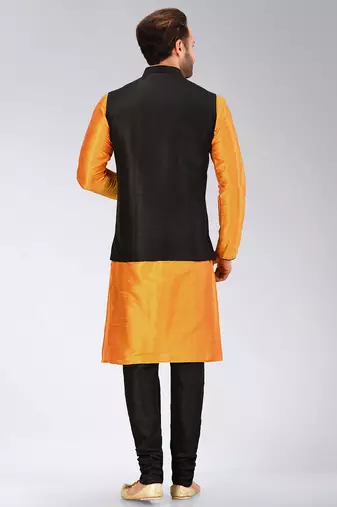 Black dupon art silk kurta, jacket with matching churidar