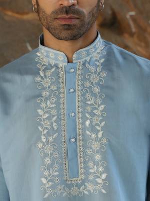 Cotton silk embroidered yoke design sky blue kurta with trouser pant 2