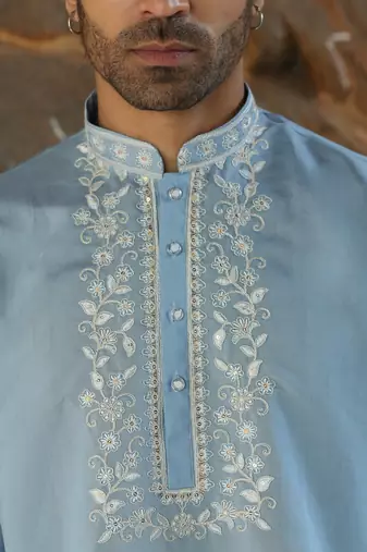 Cotton silk embroidered yoke design sky blue kurta with trouser pant