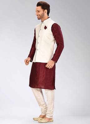 Cream dupon art silk kurta, jacket with matching churidar 3