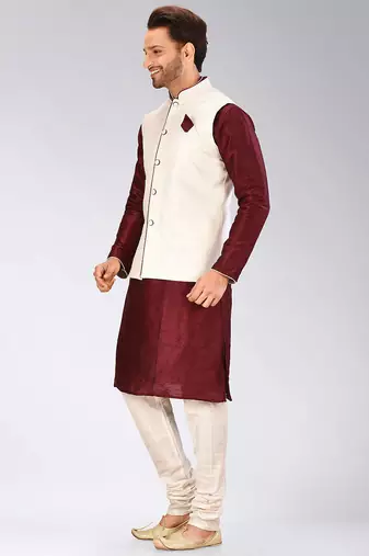 Cream dupon art silk kurta, jacket with matching churidar