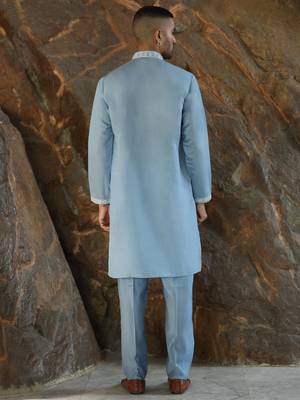 Cotton silk embroidered yoke design sky blue kurta with trouser pant 3