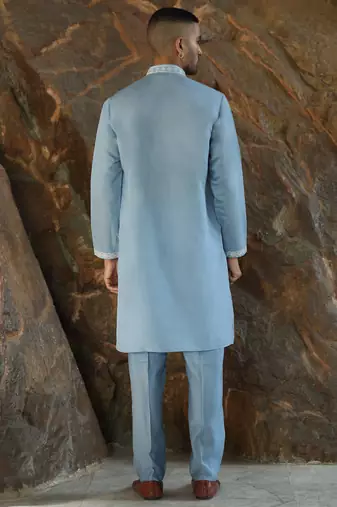 Cotton silk embroidered yoke design sky blue kurta with trouser pant