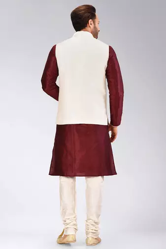 Cream dupon art silk kurta, jacket with matching churidar