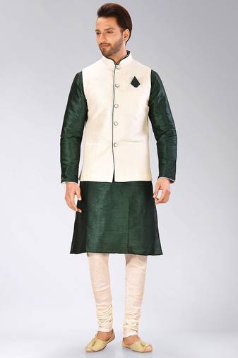 Cream dupon art silk kurta, jacket with matching churidar