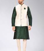 Cream dupon art silk kurta, jacket with matching churidar