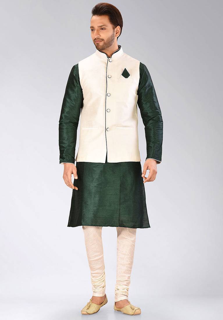 Cream dupon art silk kurta, jacket with matching churidar