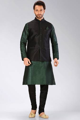 Black dupon art silk kurta, jacket with matching churidar