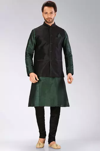 Black dupon art silk kurta, jacket with matching churidar