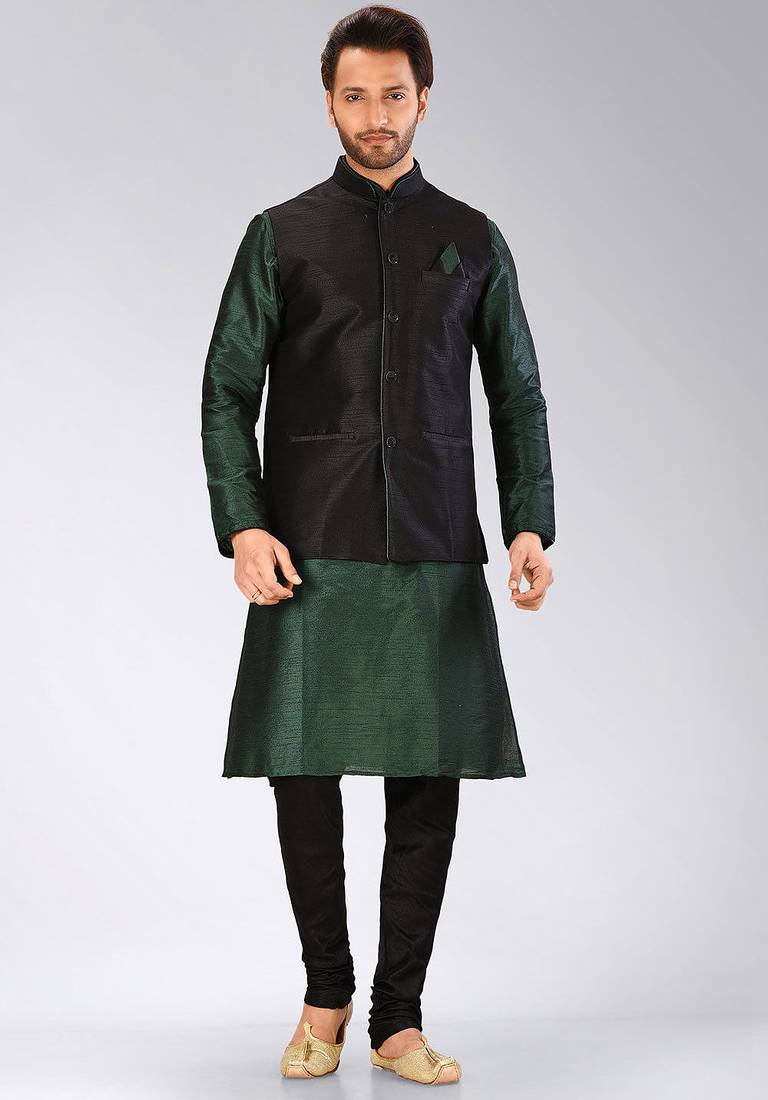 Black dupon art silk kurta, jacket with matching churidar
