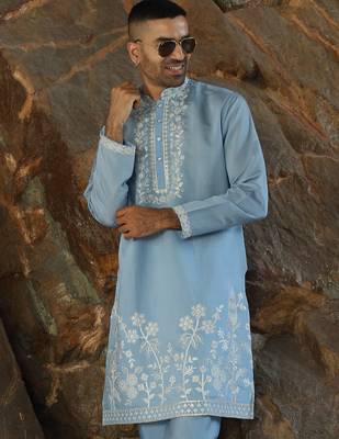 Cotton silk embroidered yoke design sky blue kurta with trouser pant 4