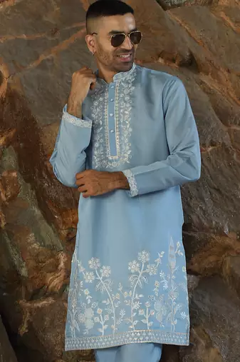 Cotton silk embroidered yoke design sky blue kurta with trouser pant