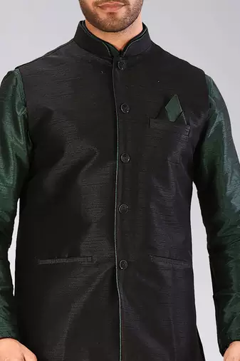 Black dupon art silk kurta, jacket with matching churidar