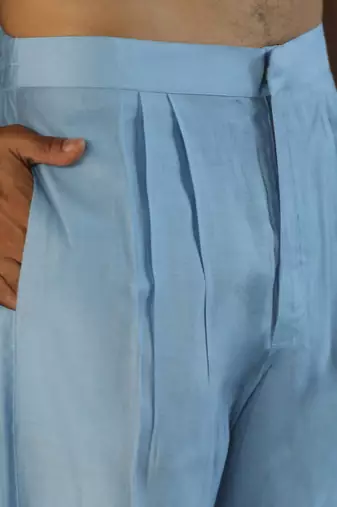 Cotton silk embroidered yoke design sky blue kurta with trouser pant