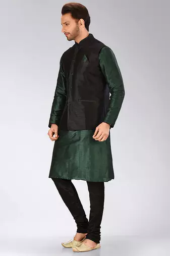 Black dupon art silk kurta, jacket with matching churidar