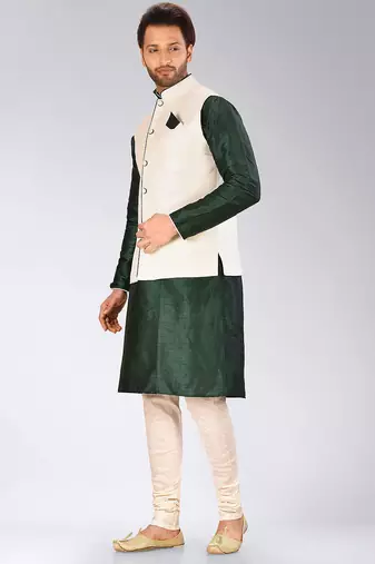Cream dupon art silk kurta, jacket with matching churidar