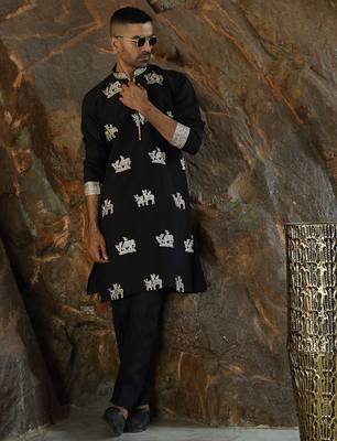 Cotton silk ethnic motifs embroidered black kurta with trouser pant 1